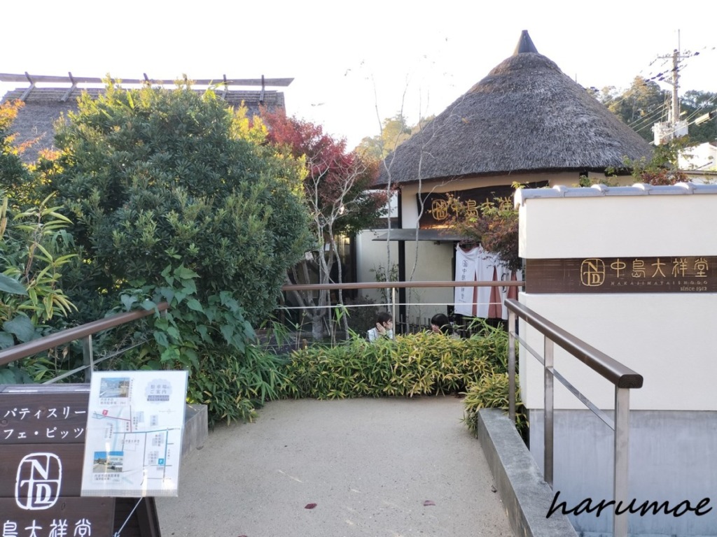 「中島大祥堂 丹波大祥庵」と書かれた看板と、大きな茅葺き屋根の建物。周囲には木々や緑が多く、和の趣がある。手前には庭につながるアプローチが見える。